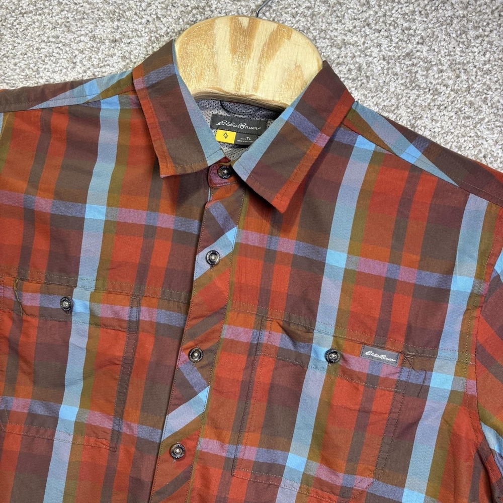 Eddie Bauer Shirt Mens LT Multicolor Plaid Short Sleeve Nylon Button-Up Outdoor